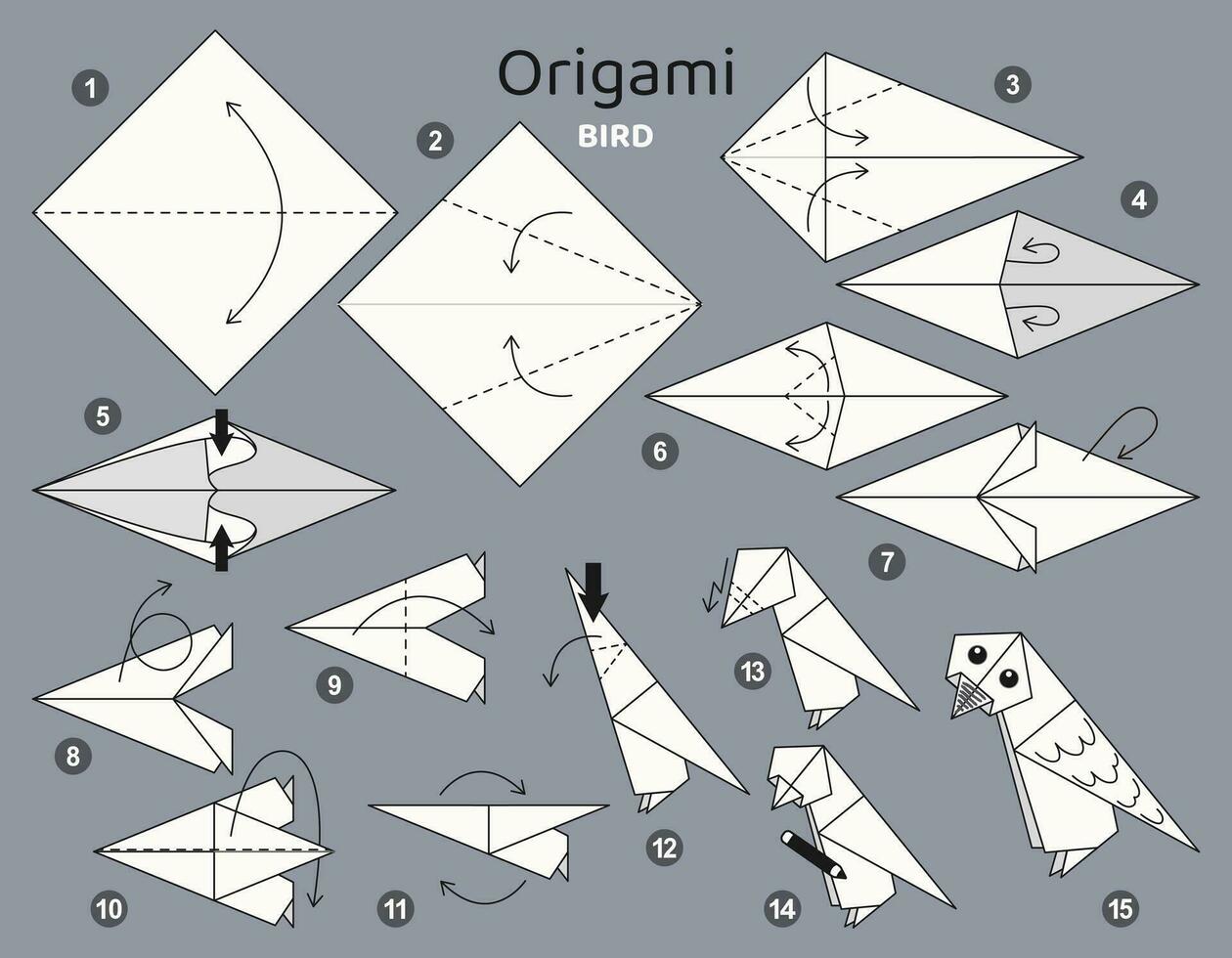 pájaro origami esquema tutorial Moviente modelo. origami para niños. paso por paso cómo a hacer un linda origami cuervo. vector ilustración.