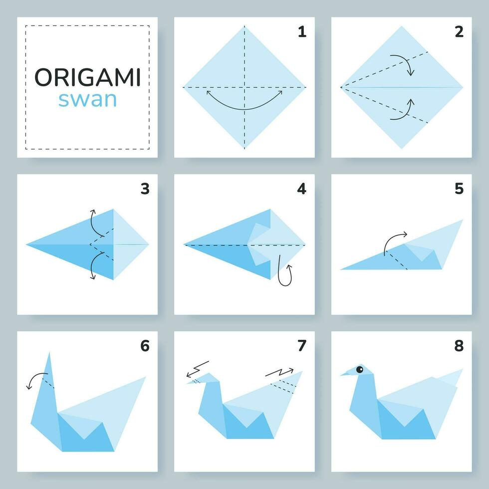Swan origami scheme tutorial moving model. Origami for kids. Step by step how to make a cute origami bird. Vector illustration.