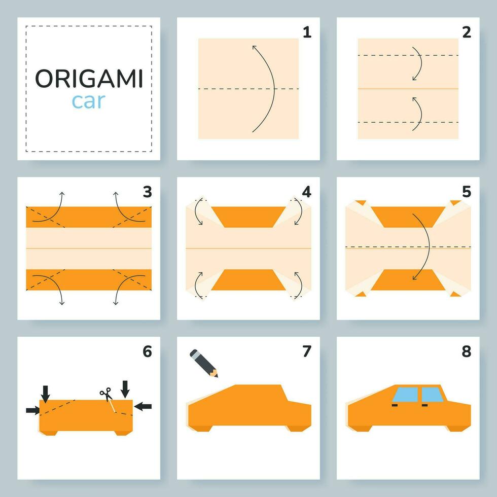 coche origami esquema tutorial Moviente modelo. origami para niños. paso por paso cómo a hacer un linda origami automóvil. vector ilustración.