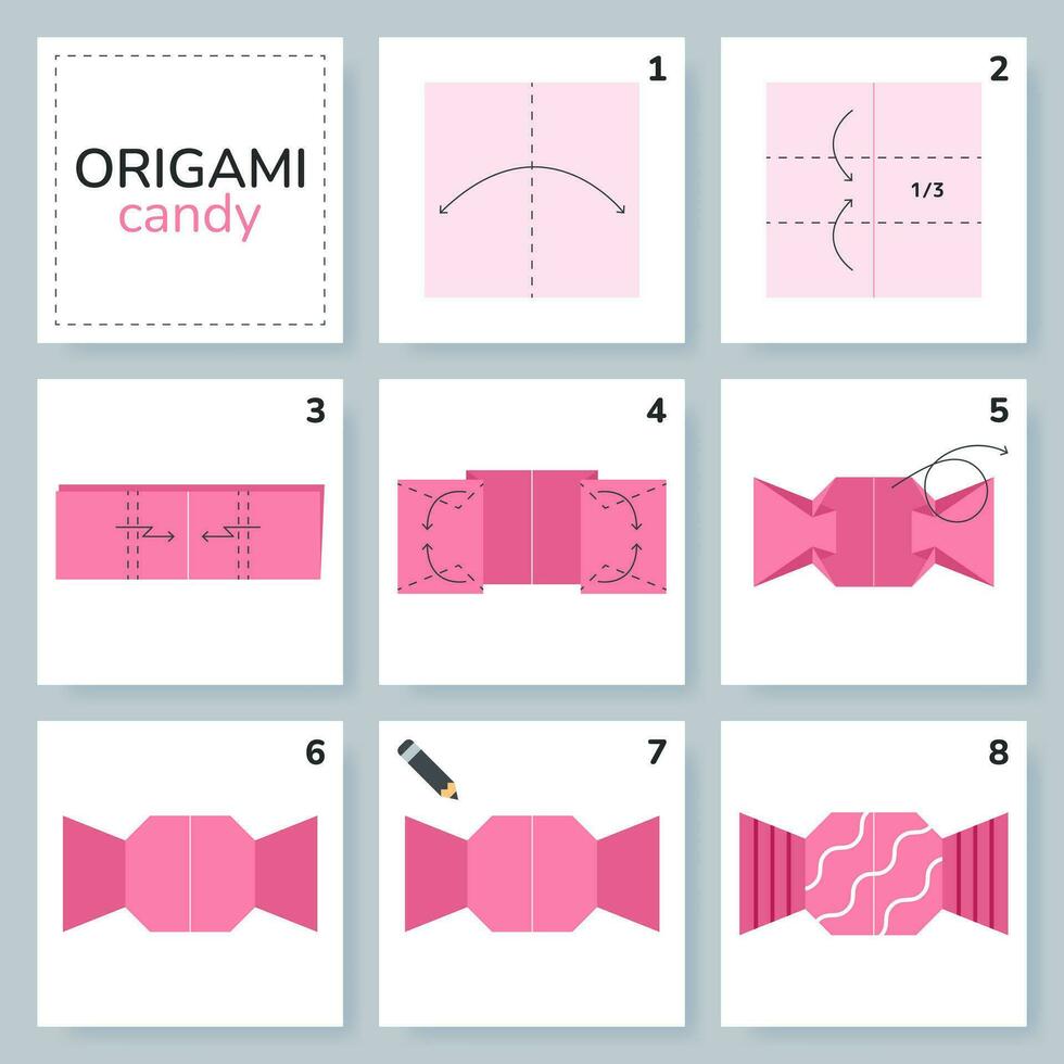 Candy origami scheme tutorial moving model. Origami for kids. Step by step how to make a cute origami candy. Vector illustration.