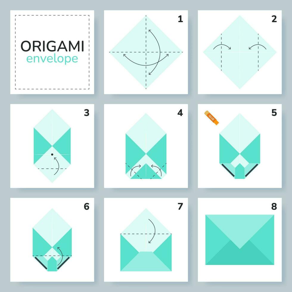 Envelope origami scheme tutorial moving model. Origami for kids. Step by step how to make a cute origami envelope. Vector illustration.