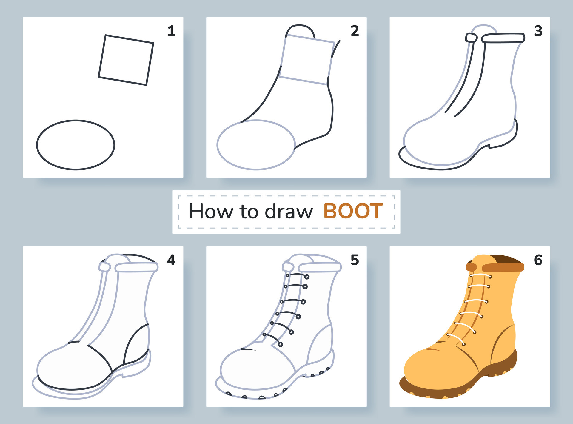 Drawing tutorial. How to draw boot. Education and activity page for
