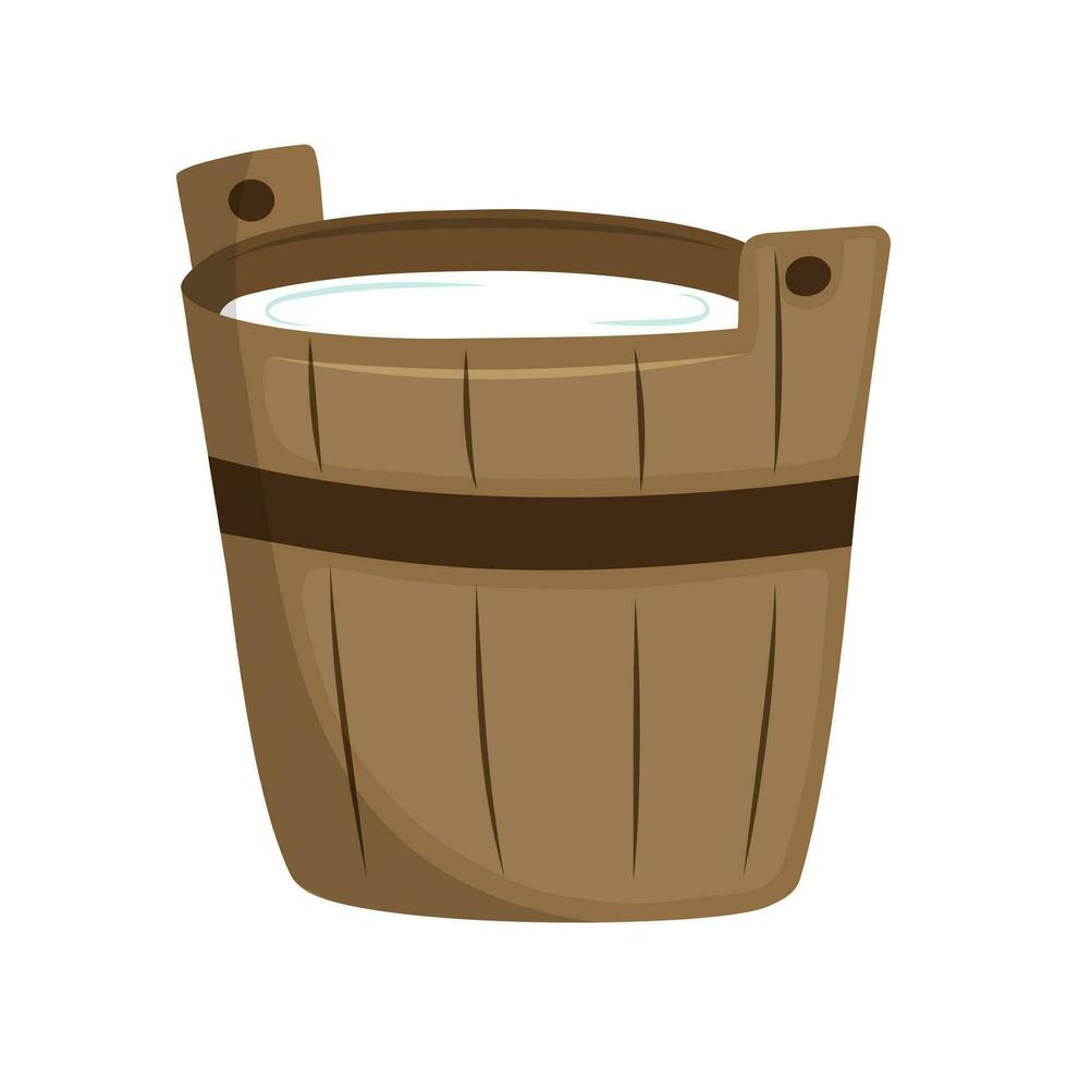 Wooden bucket. Barrel of fresh cow's milk. Goat's milk. Flat vector illustration isolated on white background.