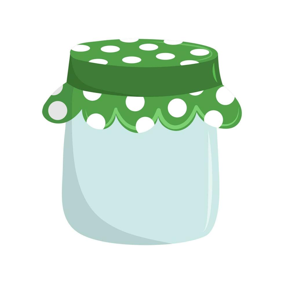 Glass jar with green fabric lid. Home canning. Sour cream and dairy products. Flat vector illustration isolated on white background.