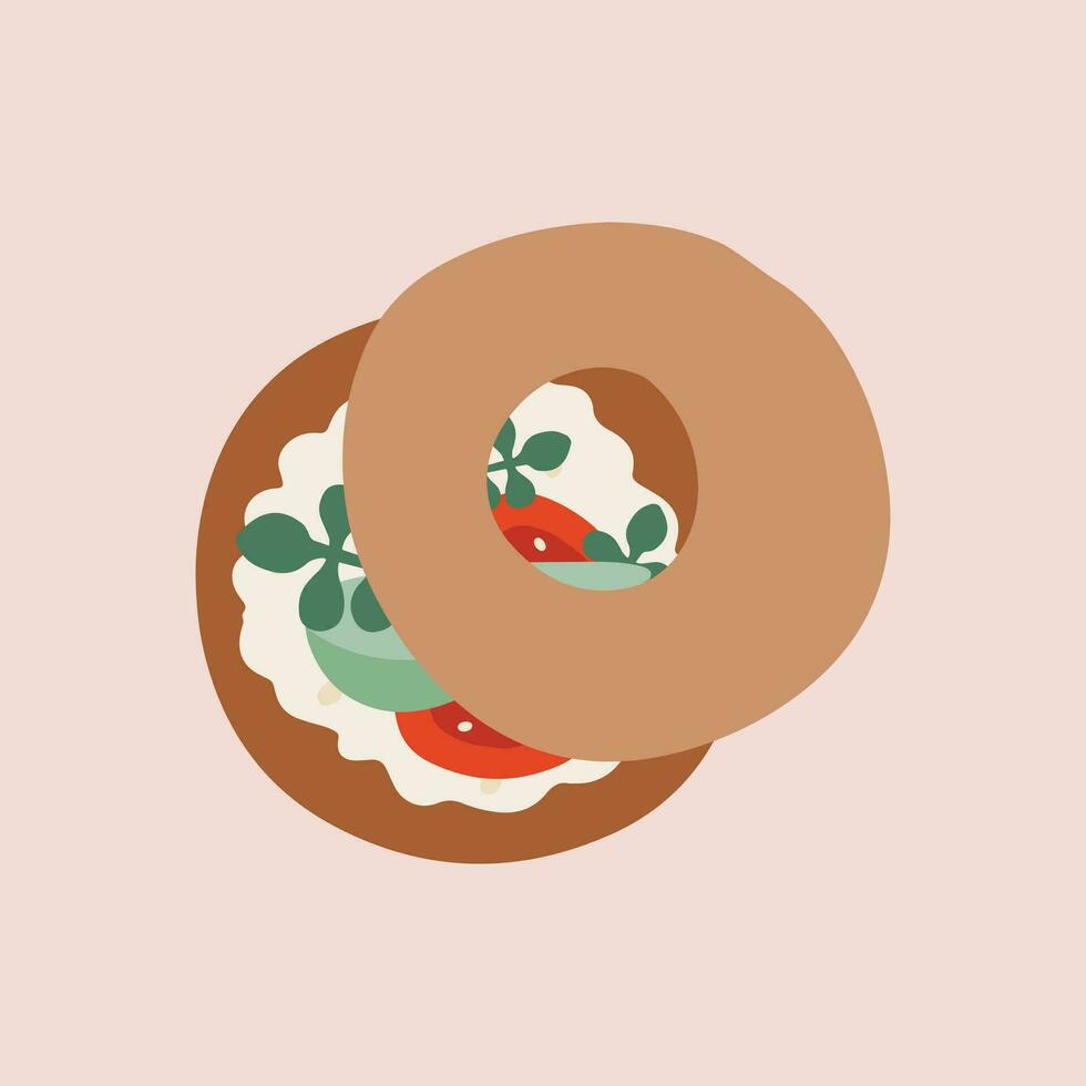 plano mano dibujado vector ilustración de linda Fresco rosquilla emparedado con crema queso, palta, tomate. delicioso panadería horneando para café menú, póster, pegatina, picnic desayuno desayuno tardío elemento garabatear icono