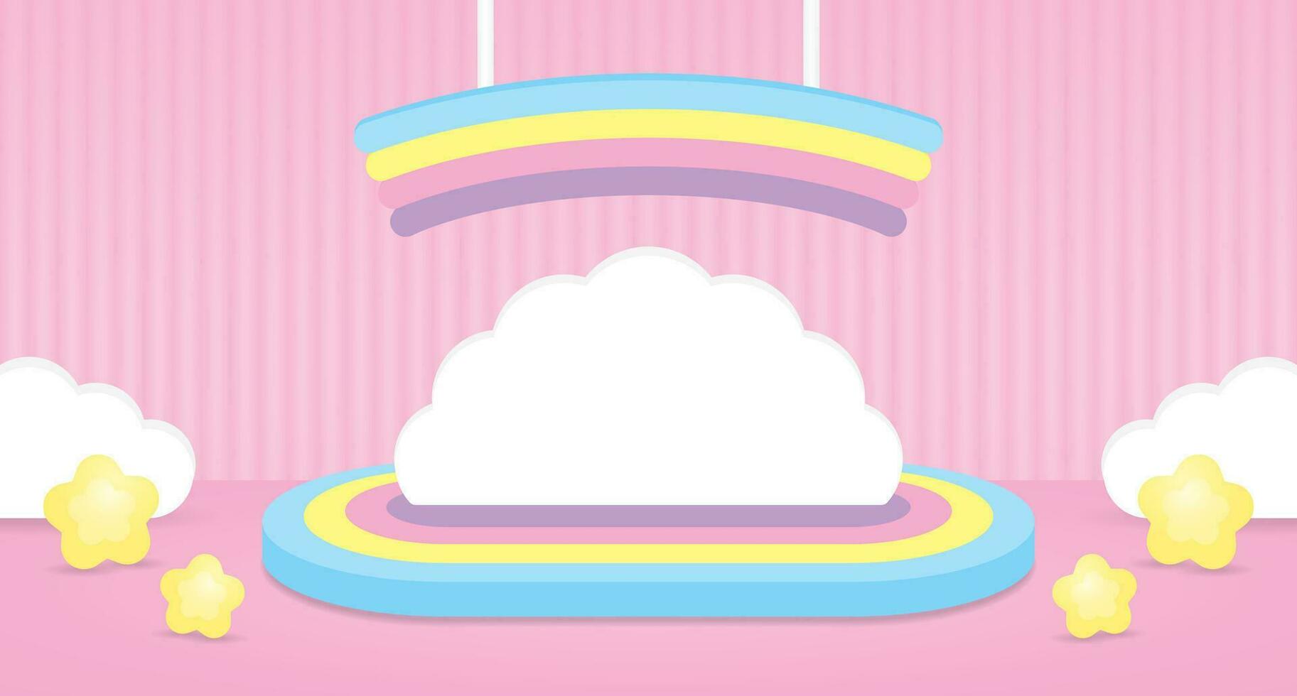 cute kawaii colorful podium display with white cloud backdrop and hanging rainbow sign on pink wall and floor 3d illustration vector for putting product or object