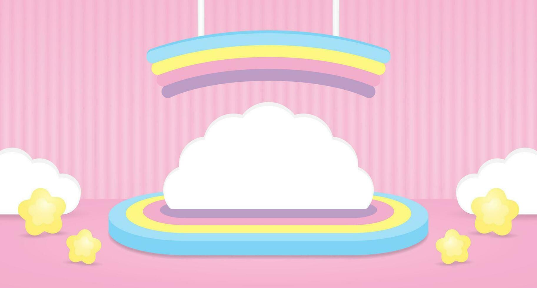 cute kawaii colorful podium display with white cloud backdrop and hanging rainbow sign on pink wall and floor 3d illustration vector for putting product or object