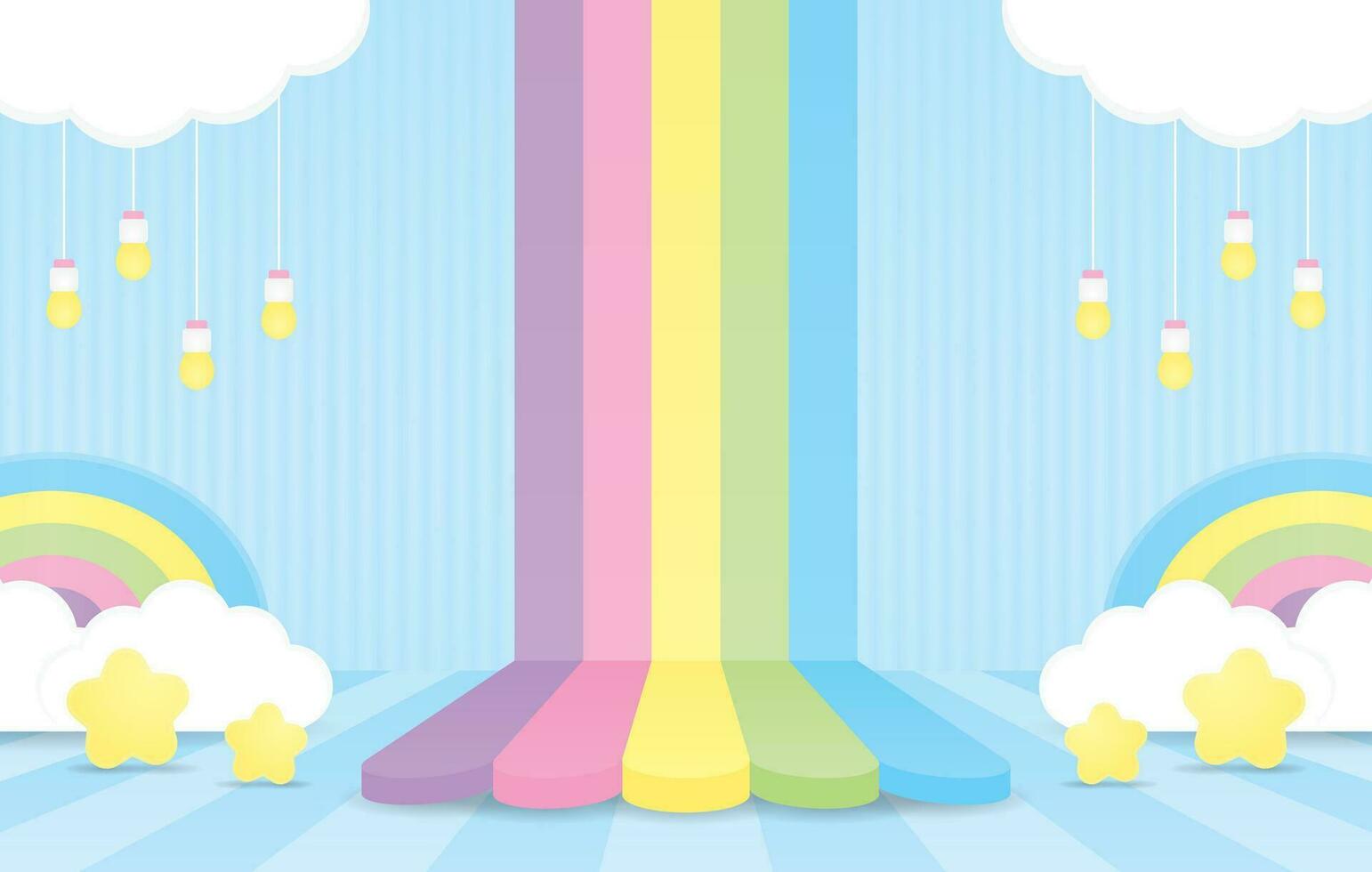 linda kawaii dulce vistoso arco iris con nube fondo monitor etapa en pastel azul piso y pared 3d ilustración vector para poniendo producto o objeto