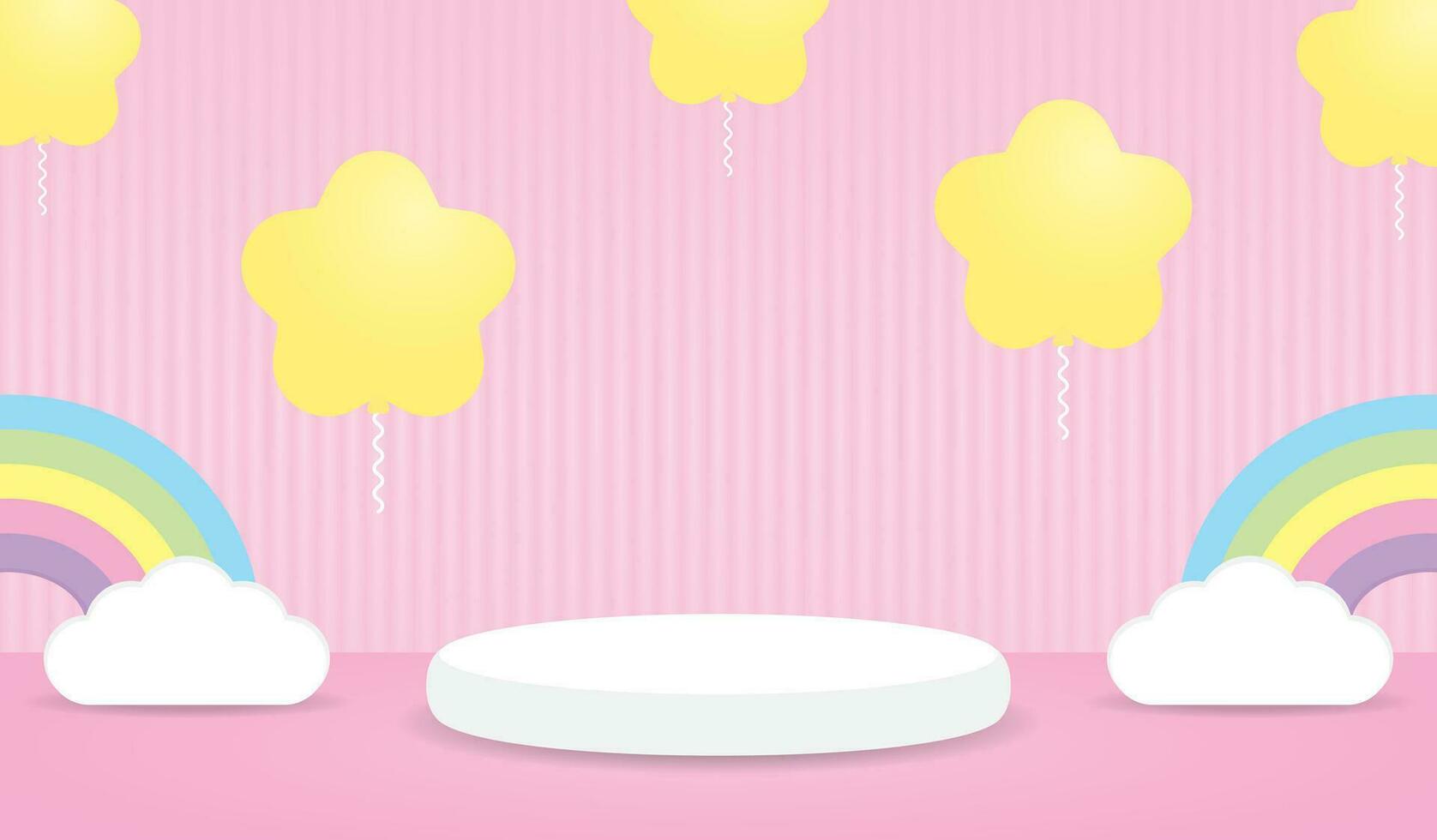 blanco mínimo podio monitor con linda kawaii estrella globos y dulce vistoso pastel arco iris en rosado pared y piso 3d ilustración vector para poniendo producto o objeto