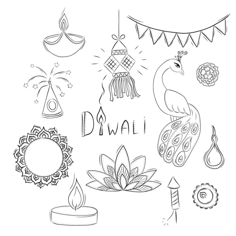 Set of Decorative Elements for Diwali Holiday in Doodle Style vector