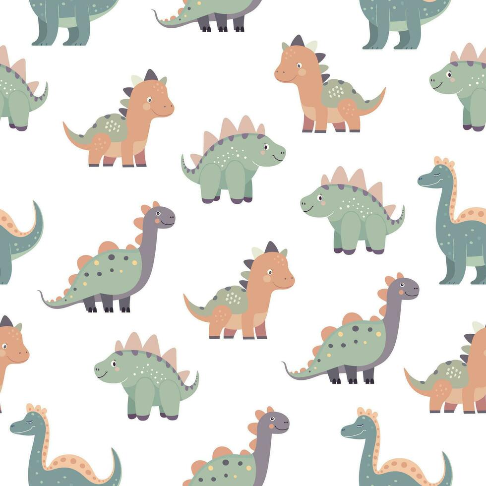 Seamless pattern with illustrations of cute cartoon dinosaurs on a white background. vector