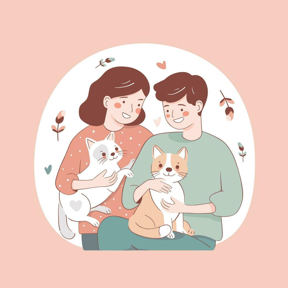 Young couple girl and guy holding cute cats in their arms, flat style illustration. vector