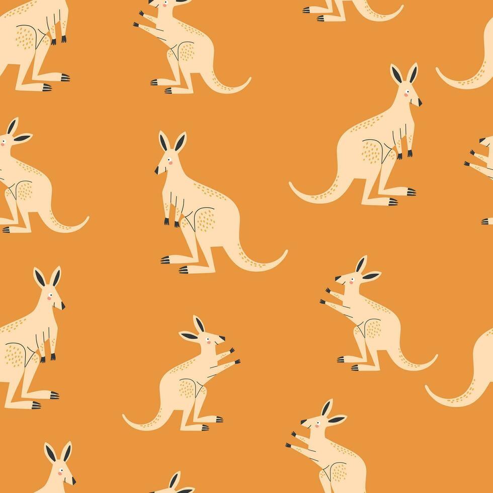 Seamless pattern with kangaroo animals on an orange background. vector