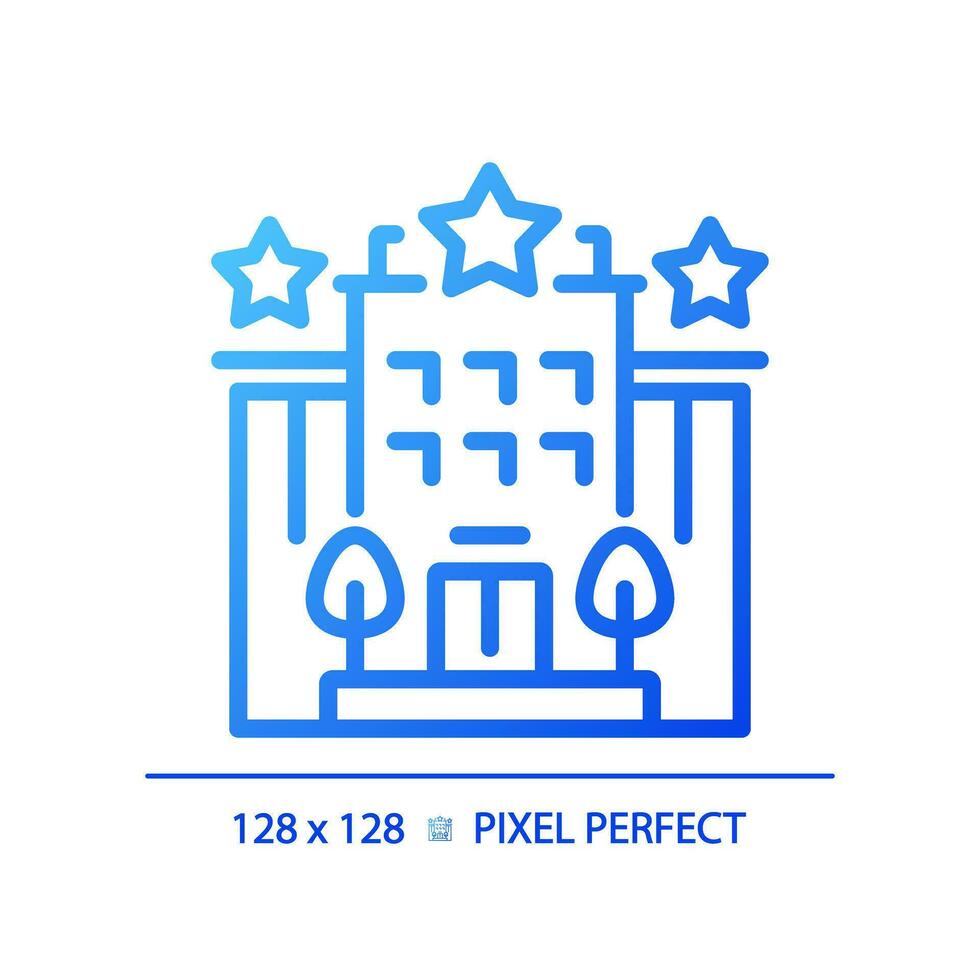 2D pixel perfect blue gradient hotel icon, isolated vector, building thin line illustration. vector