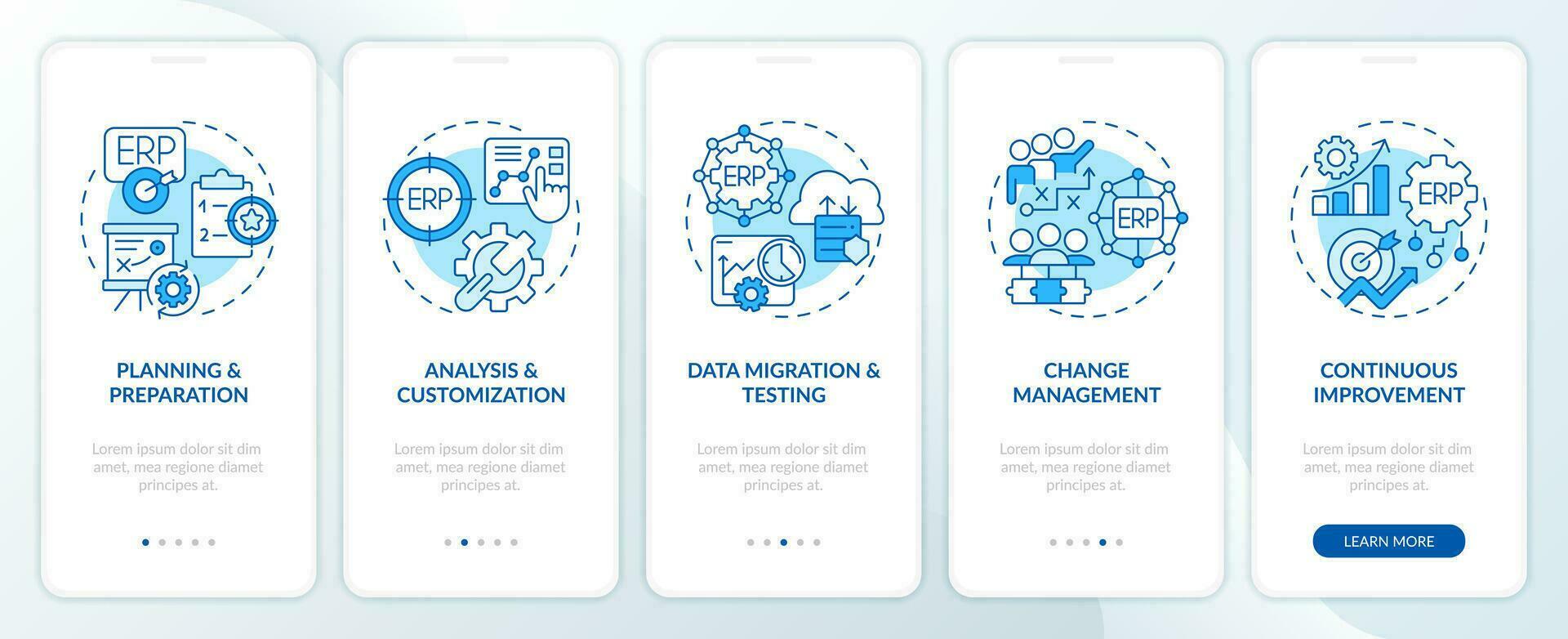 2D icons representing enterprise resource planning mobile app screen set. Walkthrough 5 steps graphic instructions with blue linear icons concept, UI, UX, GUI template. vector