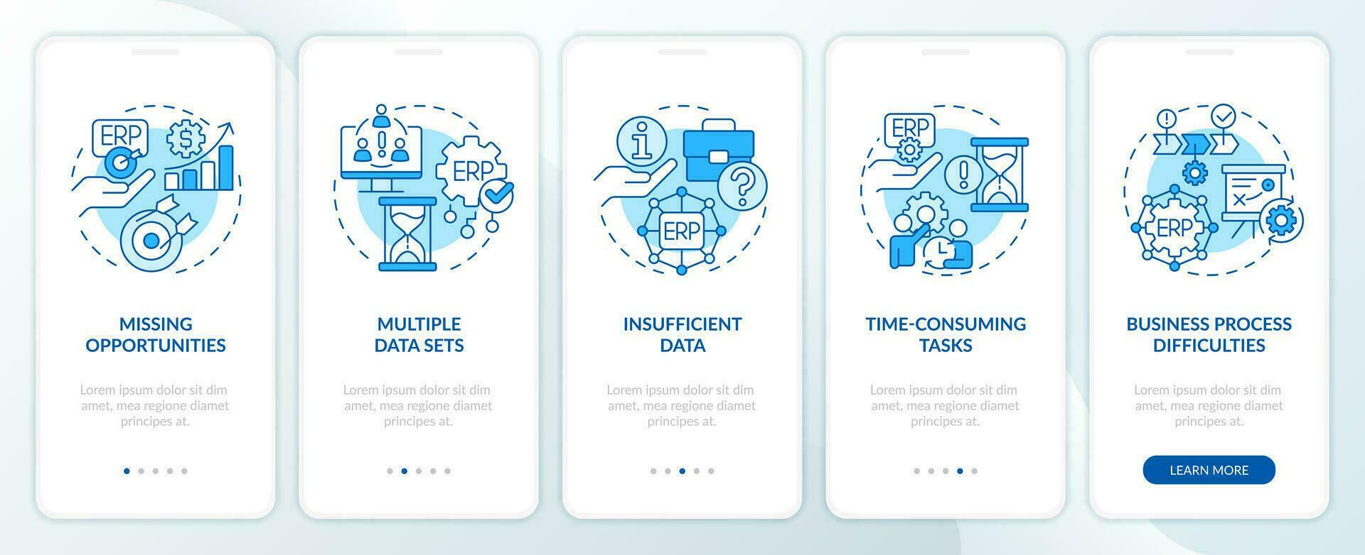 2D icons representing enterprise resource planning mobile app screen set. Walkthrough 5 steps blue graphic instructions with thin line icons concept, UI, UX, GUI template. vector