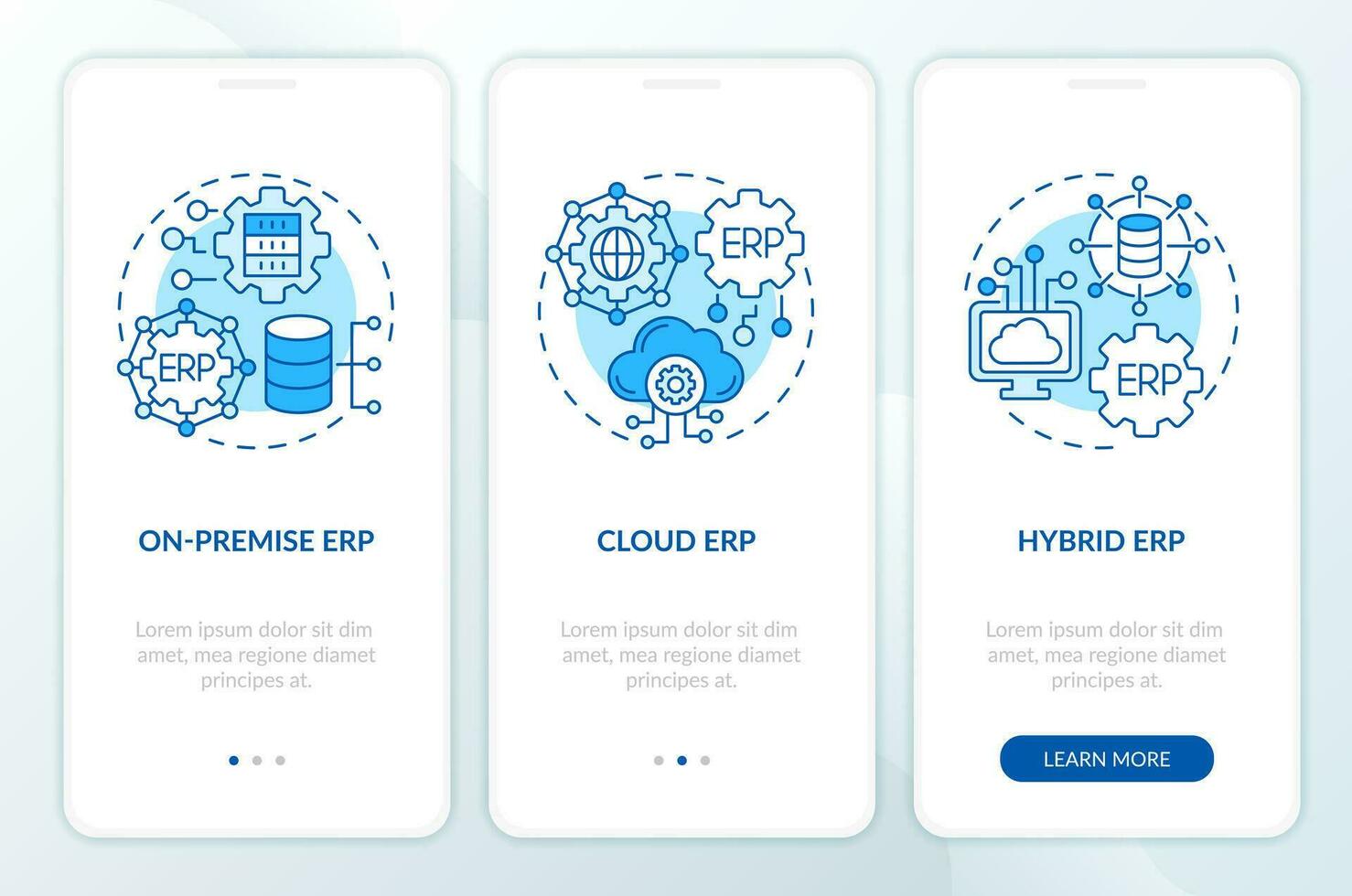 2D icons representing enterprise resource planning mobile app screen set. Walkthrough 3 steps graphic instructions with thin line icons concept, UI, UX, GUI template. vector