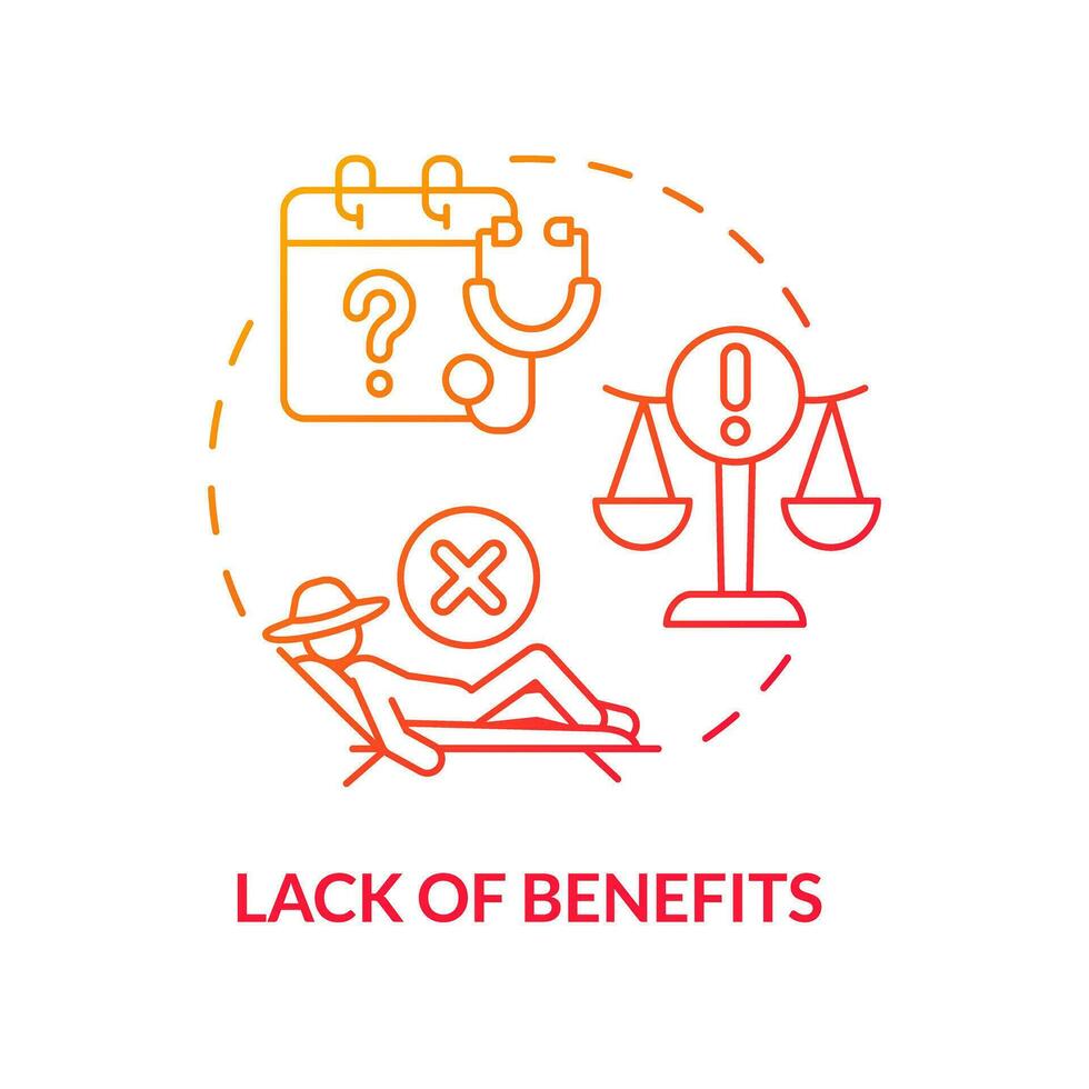 Lack of benefits red gradient concept icon. No social protection. Limited access. Agriculture worker. Overtime work. Round shape line illustration. Abstract idea. Graphic design. Easy to use vector