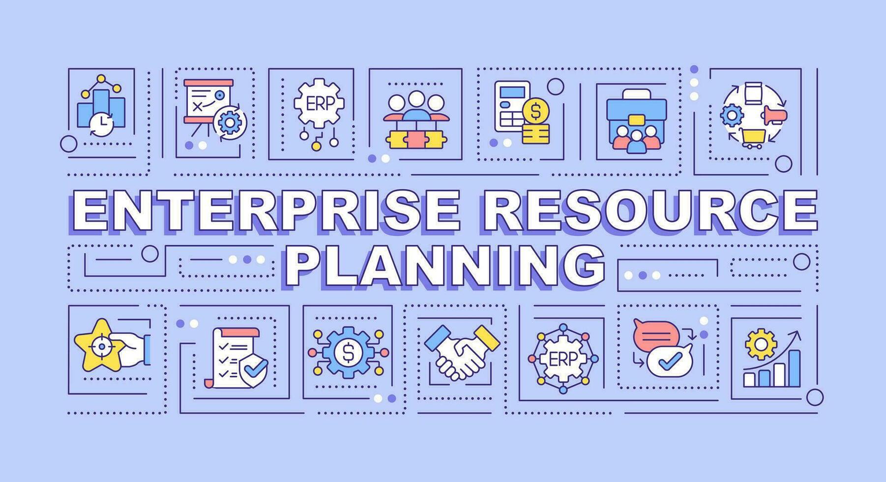 Enterprise resource planning text concept with various icons on blue monochromatic background, 2D vector illustration.