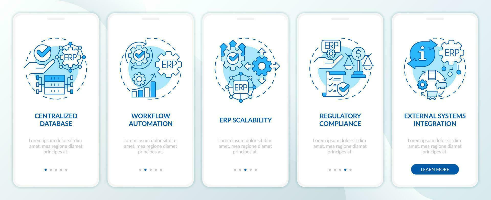 2D icons representing enterprise resource planning mobile app screen set. Walkthrough 5 steps graphic instructions with linear icons concept, UI, UX, GUI template. vector