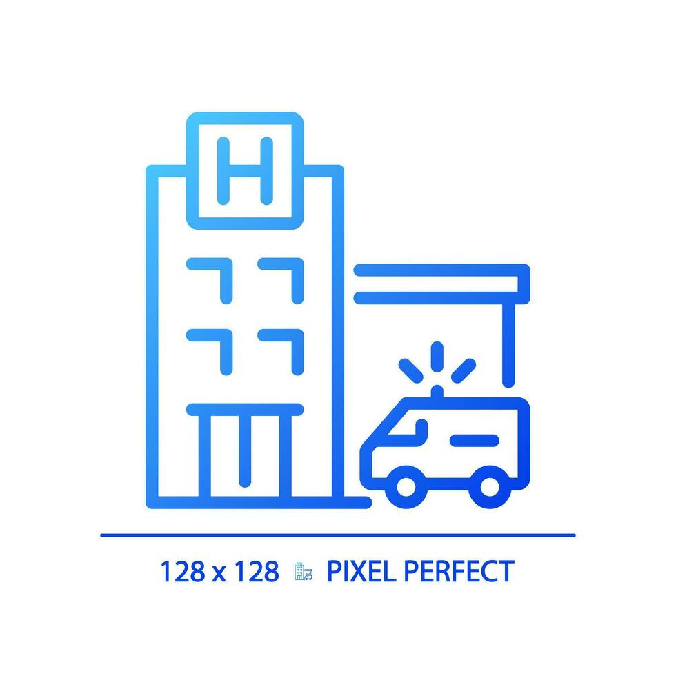 2D pixel perfect blue gradient hospital icon, isolated vector, building thin line illustration. vector