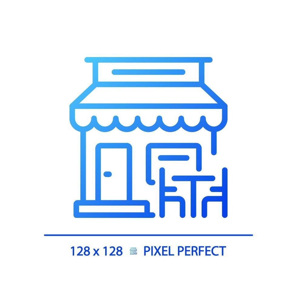 2D pixel perfect blue gradient cafe icon, isolated vector, building thin line illustration. vector