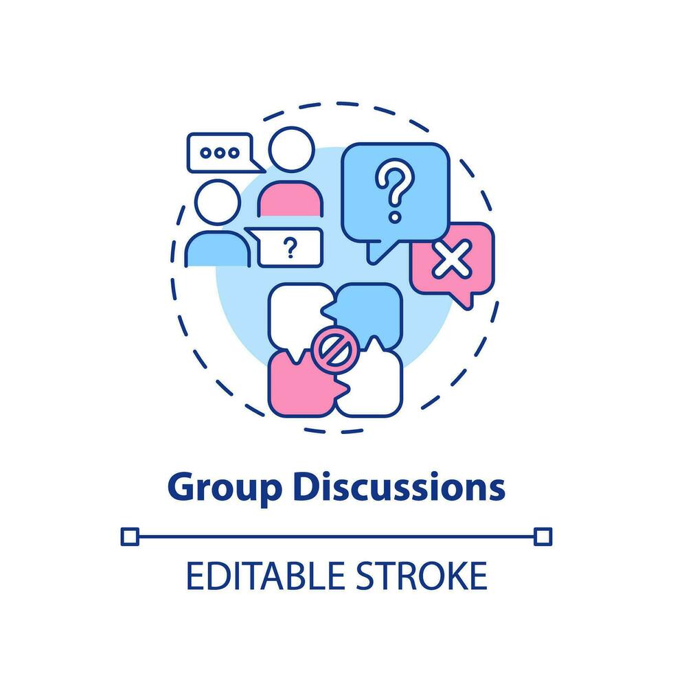 Group discussions multi color concept icon. Share experience. Exchange ideas. Knowledge sharing. Collaboration learning. Round shape line illustration. Abstract idea. Graphic design. Easy to use vector