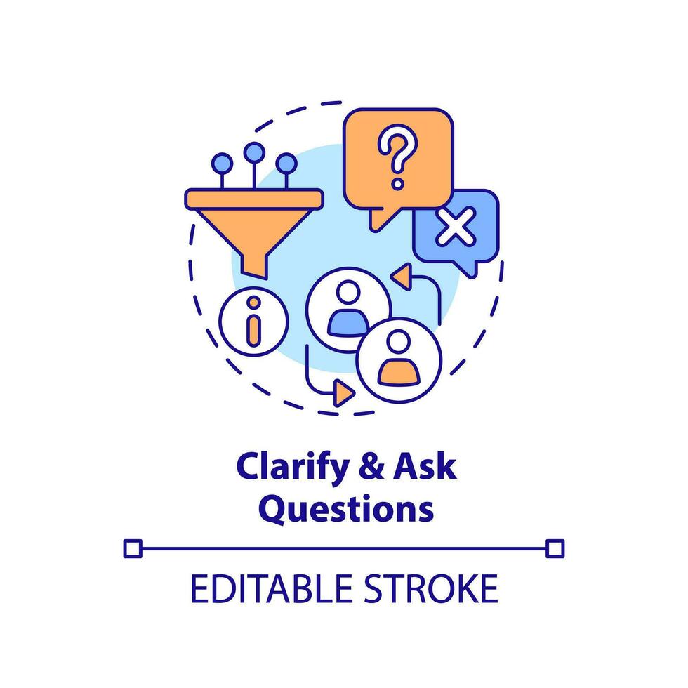 Clarify and ask questions multi color concept icon. Open ended. Gather information. More details. Understand customer. Round shape line illustration. Abstract idea. Graphic design. Easy to use vector