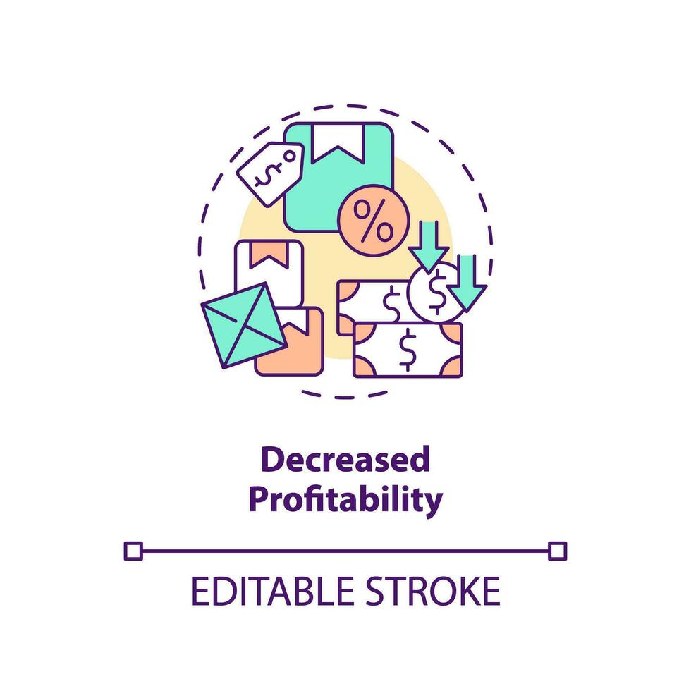 2D editable decreased profitability thin line icon concept, isolated vector, multicolor illustration representing overproduction. vector