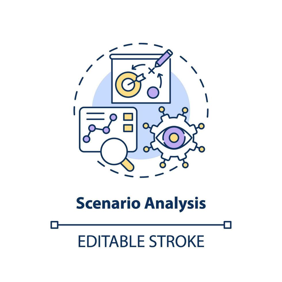 2D editable scenario analysis thin line icon concept, isolated vector, multicolor illustration representing overproduction. vector