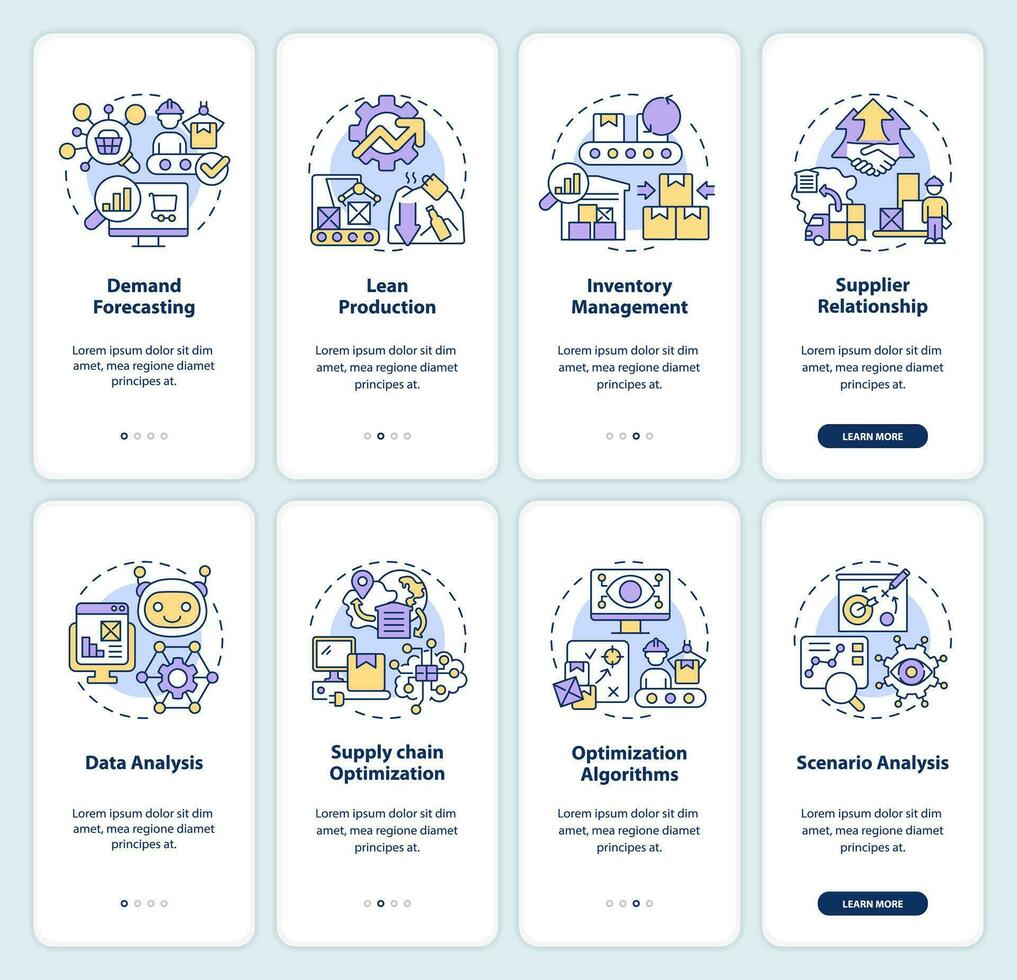 2D icons representing overproduction mobile app screen set. Walkthrough 4 steps colorful graphic instructions with thin line icons concept, UI, UX, GUI template. vector
