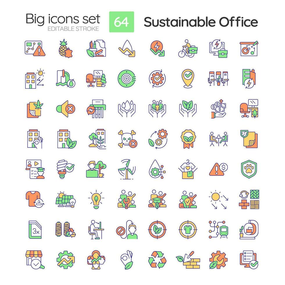 2D editable big line icons set representing sustainable office, isolated vector, linear illustration. vector