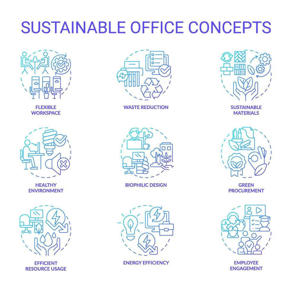 2D gradient icons set representing sustainable office concepts, isolated vector, thin line colorful illustration. vector