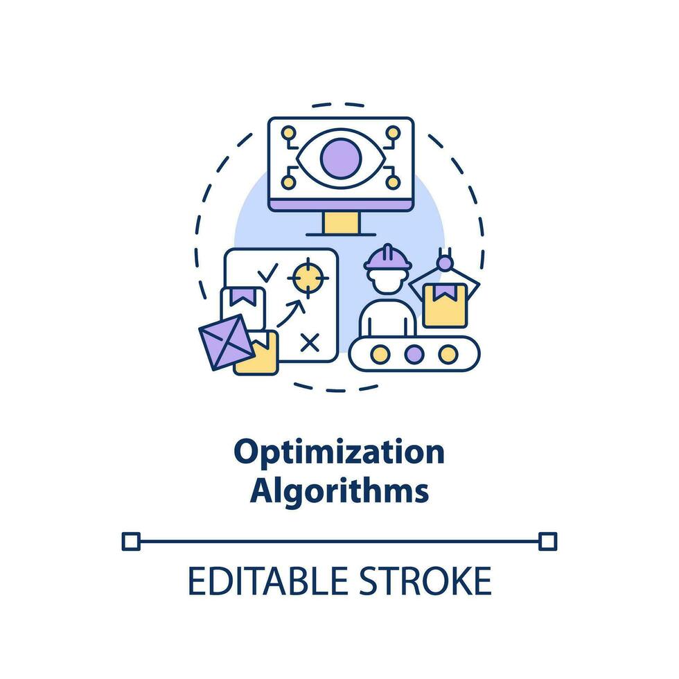 2D editable optimization algorithms thin line icon concept, isolated vector, multicolor illustration representing overproduction. vector