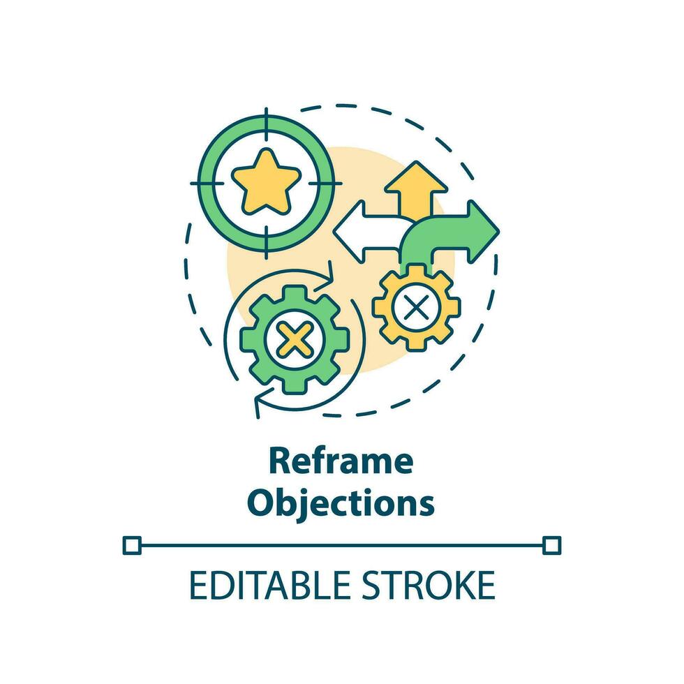 Reframe objections multi color concept icon. Product benefits. Provide information. Sales technique. Selling strategy. Round shape line illustration. Abstract idea. Graphic design. Easy to use vector