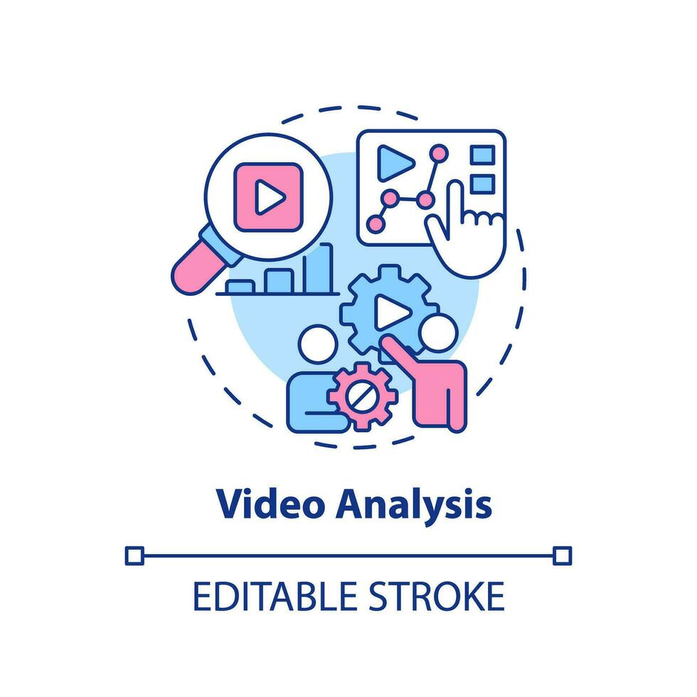 Video analysis multi color concept icon. Learn from others. Business insight. Performance evaluation. Coaching session. Round shape line illustration. Abstract idea. Graphic design. Easy to use vector