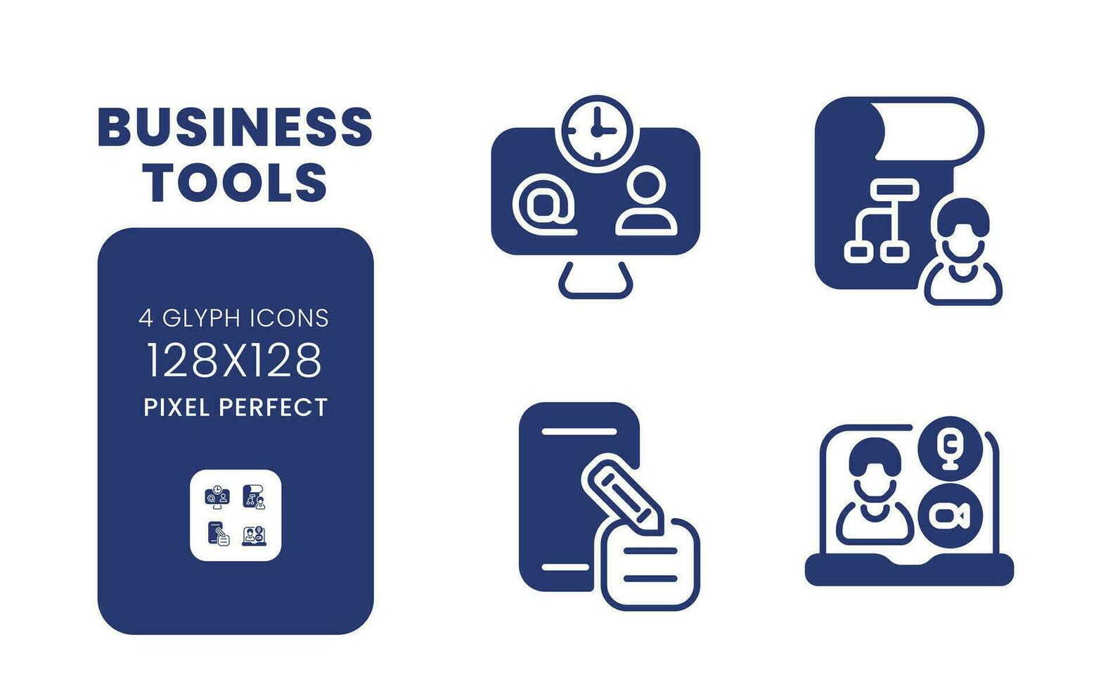 Business tools black solid desktop icons pack. Productivity software. Operations management. Pixel perfect 128x128, outline 4px. Symbols on white space. Glyph pictograms. Isolated vector images