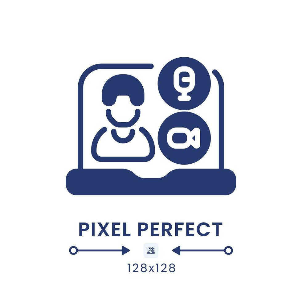 Video conferencing black solid desktop icon. Business communication. Online meeting. Pixel perfect 128x128, outline 4px. Silhouette symbol on white space. Glyph pictogram. Isolated vector image