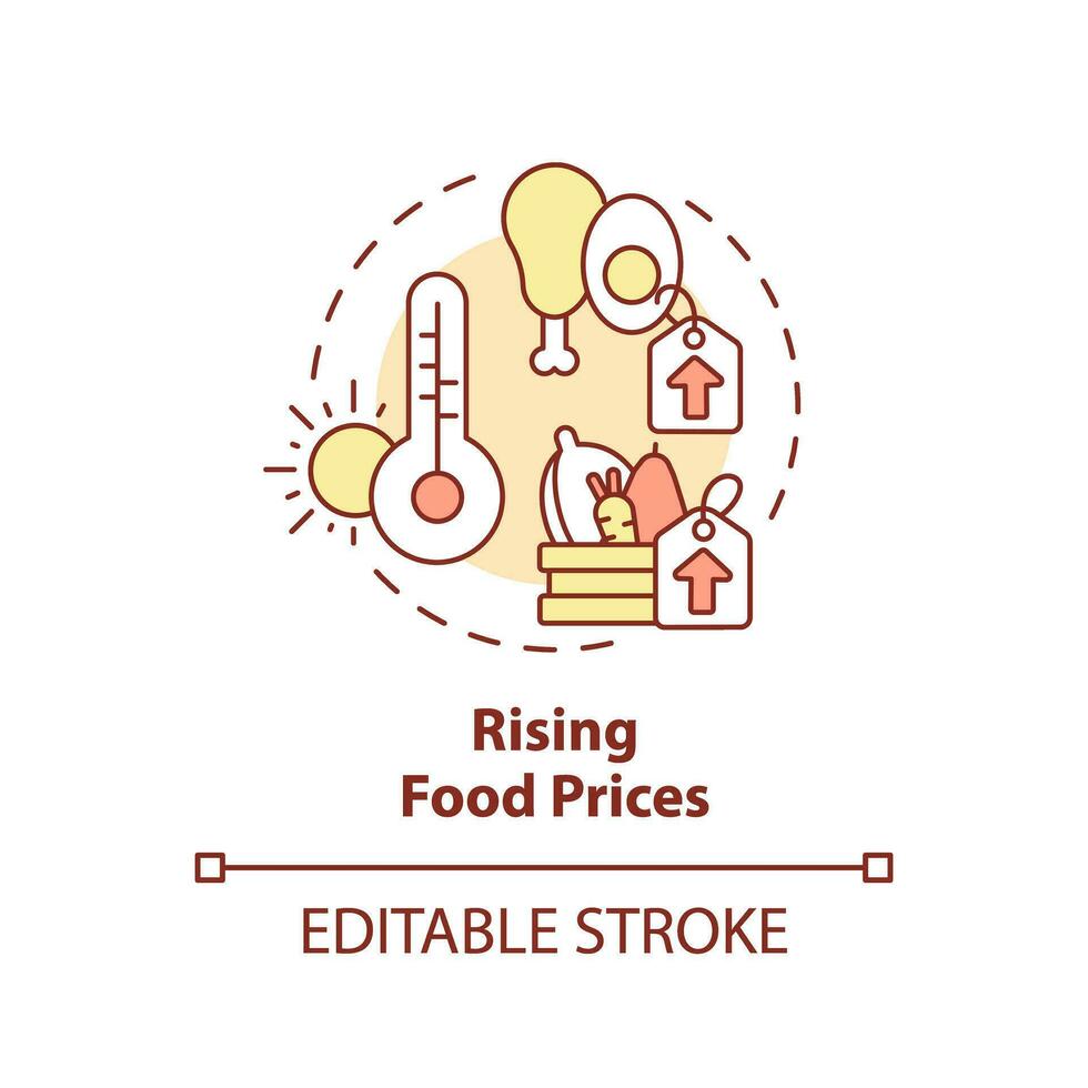 Editable rising food prices icon representing heatflation concept, isolated vector, global warming impact thin line illustration. vector