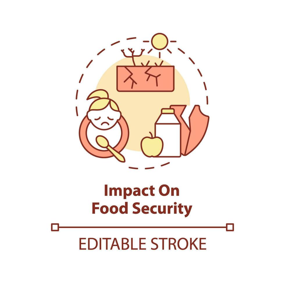 Editable impact on food security icon representing heatflation concept, isolated vector, global warming thin line illustration. vector