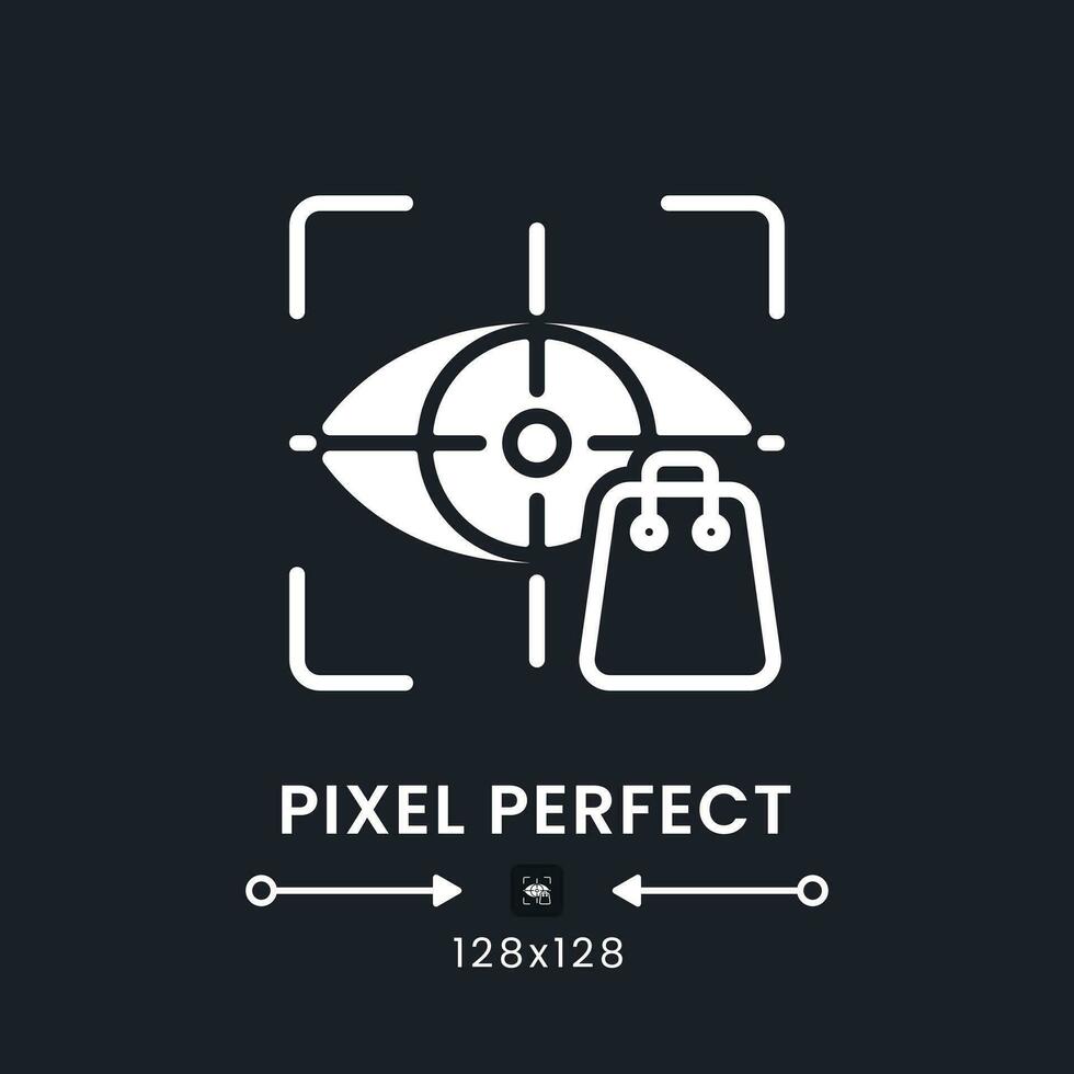 Eye tracking white solid desktop icon. Consumer insight. Neuromarketing technique. Pixel perfect 128x128, outline 4px. Silhouette symbol for dark mode. Glyph pictogram. Vector isolated image