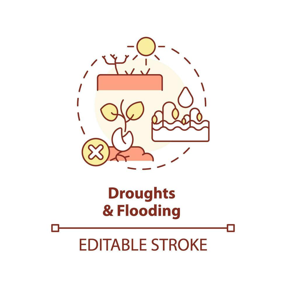 Editable droughts and flooding icon representing heatflation concept, isolated vector, global warming impact thin line illustration. vector