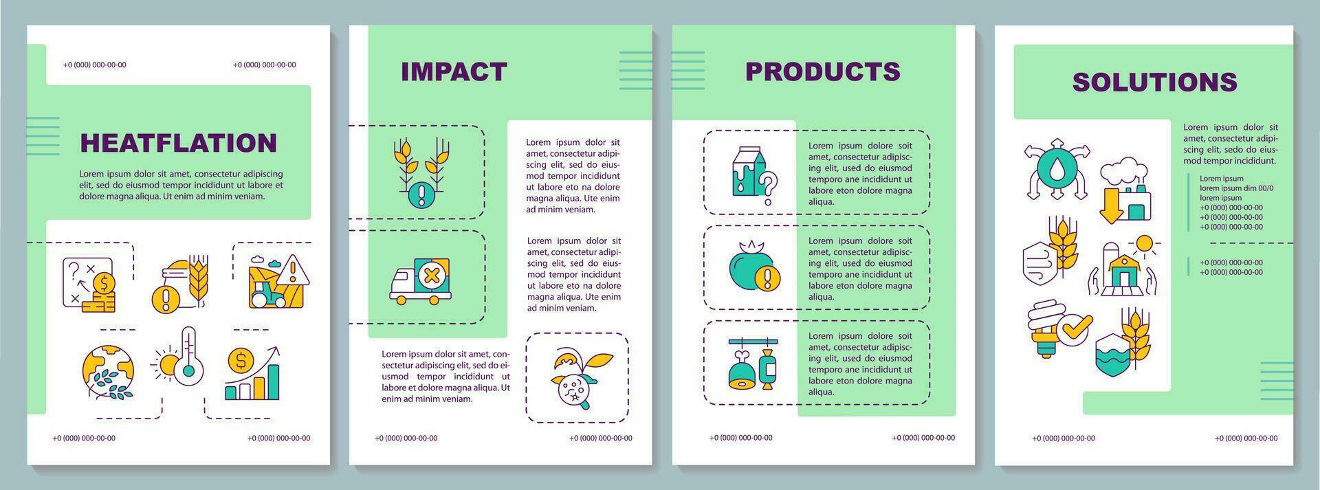 Heatflation green brochure template, leaflet design with linear icons. 4 vector layouts representing global warming concept.