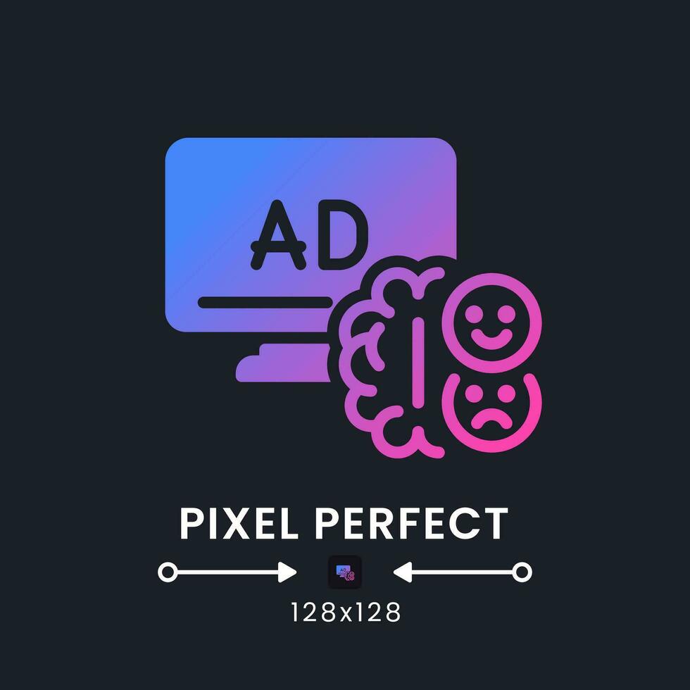 Neural engagement purple solid gradient desktop icon on black. Emotional involvement. Marketing stimulus. Pixel perfect 128x128, outline 4px. Glyph pictogram for dark mode. Isolated vector image