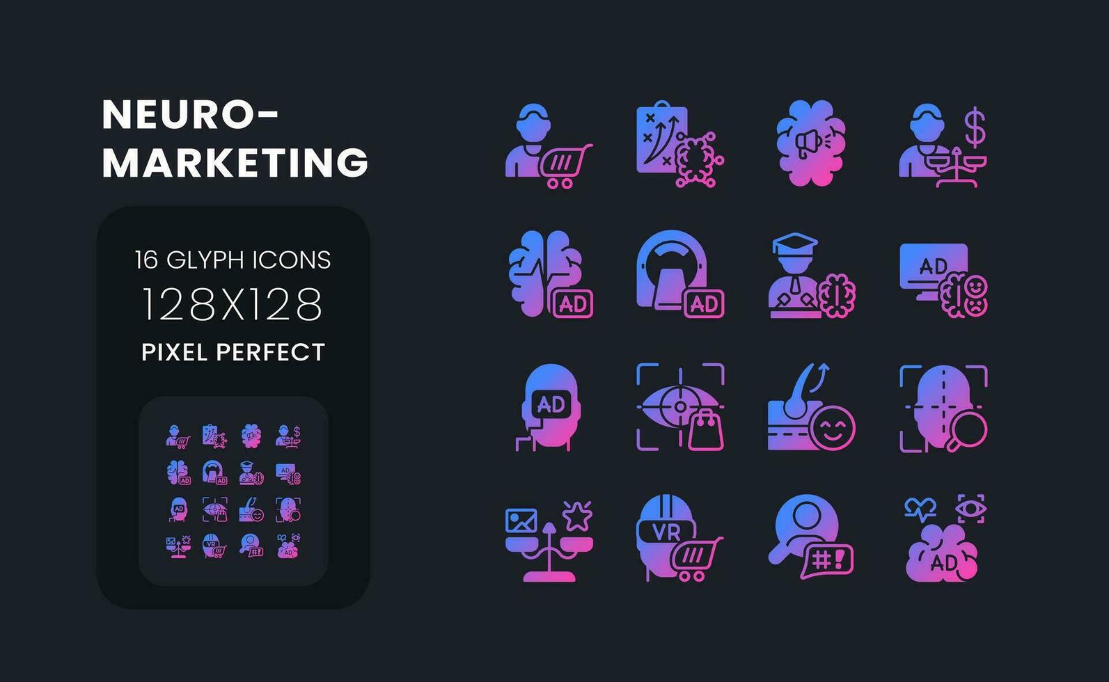 Neuromarketing purple solid gradient desktop icons. Consumer neuroscience. Effective marketing campaign. Pixel perfect 128x128, outline 4px. Glyph pictograms kit for dark theme. Isolated vector images