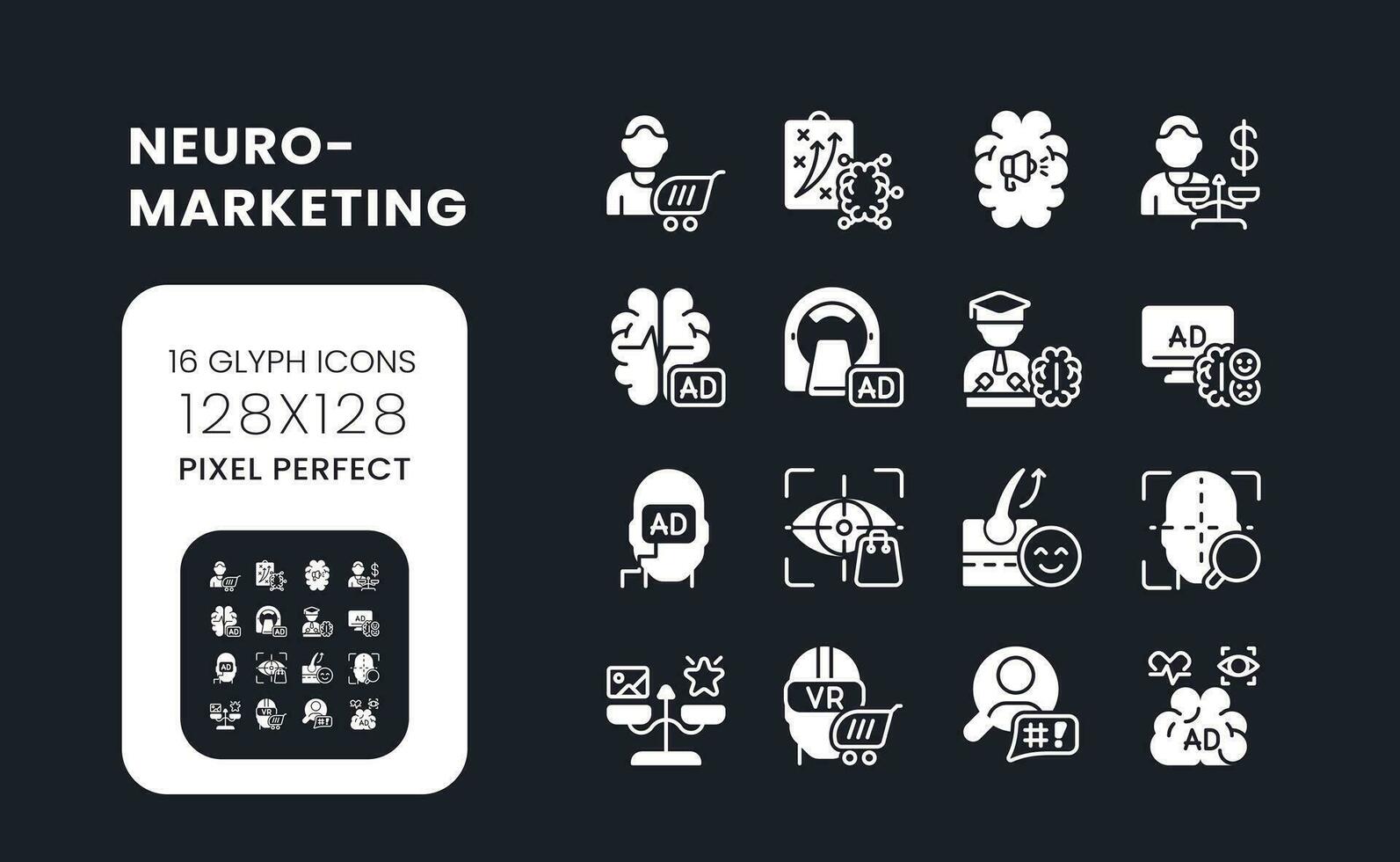 Neuromarketing white solid desktop icons set. Consumer neuroscience. Marketing campaign. Pixel perfect 128x128, outline 4px. Symbols for dark theme. Glyph pictograms. Vector isolated images