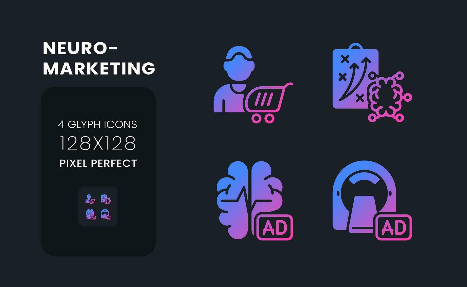 Neuro marketing purple solid gradient desktop icons. Neuromarketing research. Cognitive science. Pixel perfect 128x128, outline 4px. Glyph pictograms kit for dark theme. Isolated vector images