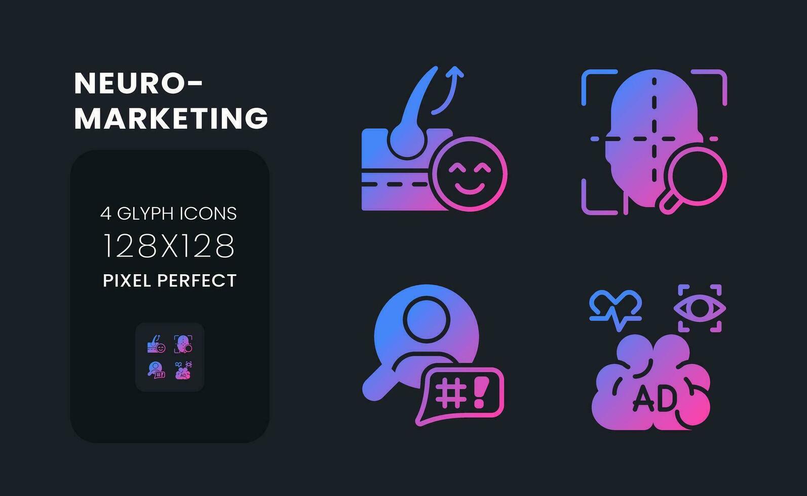 Neuromarketing purple solid gradient desktop icons. Marketing research. Customers preferences. Pixel perfect 128x128, outline 4px. Glyph pictograms kit for dark theme. Isolated vector images