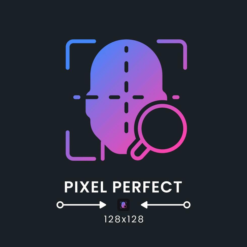 Facial coding purple solid gradient desktop icon on black. Face recognition. Measuring human emotions. Pixel perfect 128x128, outline 4px. Glyph pictogram for dark mode. Isolated vector image
