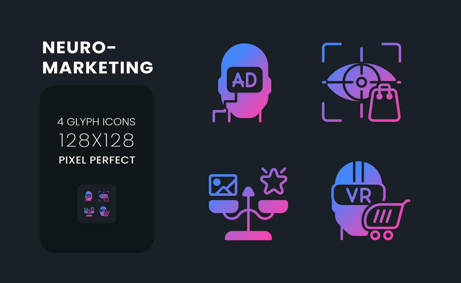 Neuromarketing purple solid gradient desktop icons. Consumer neuroscience. Advertising message. Pixel perfect 128x128, outline 4px. Glyph pictograms kit for dark theme. Isolated vector images